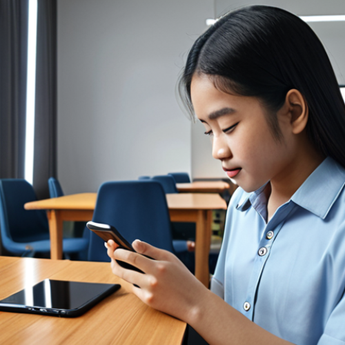 Home 11 "A Malaysian student using an AI-powered language learning app on their phone, personalized to their level. The background shows a modern study space with a mix of traditional and digital learning materials."