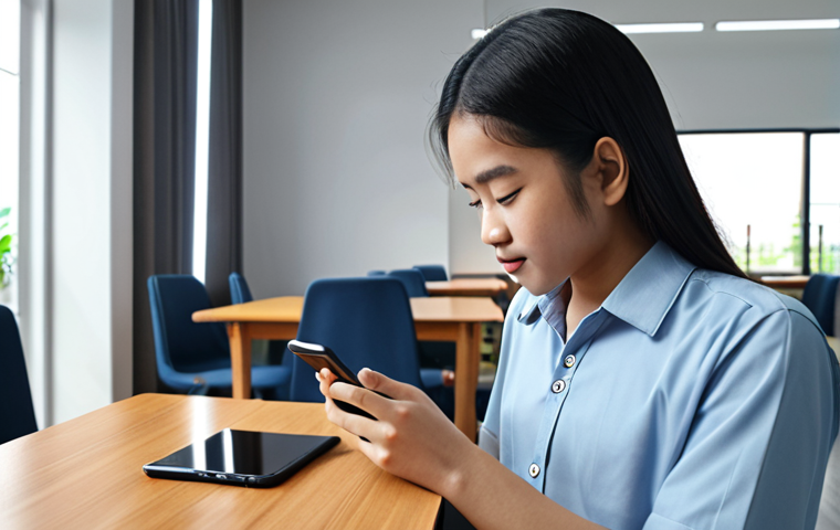 "A Malaysian student using an AI-powered language learning app on their phone, personalized to their level. The background shows a modern study space with a mix of traditional and digital learning materials."