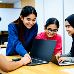 **

A group of Malaysian students, fully clothed in modest casual attire, collaborating on a project in a modern co-working space filled with laptops and whiteboards. Focus on teamwork and learning. Bright, vibrant colors. Safe for work, appropriate content, professional, perfect anatomy, correct proportions, well-formed hands, proper finger count, natural pose.

**
