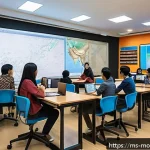 Home 18 협력 학습에서의 AI 기술의 진화 - A vibrant classroom scene in Malaysia featuring diverse students collaborating in a group study sess...