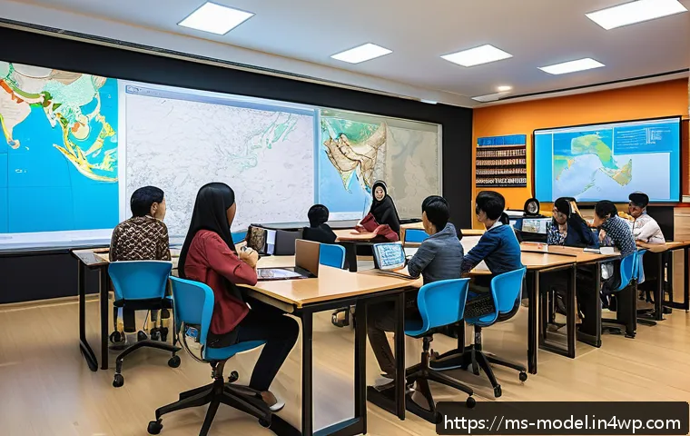 협력 학습에서의 AI 기술의 진화 - A vibrant classroom scene in Malaysia featuring diverse students collaborating in a group study sess...