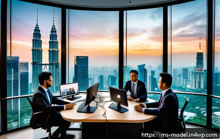 AI와 인간의 협력적 커뮤니케이션 방법 - A modern Malaysian office environment with diverse professionals collaborating seamlessly with AI te...
